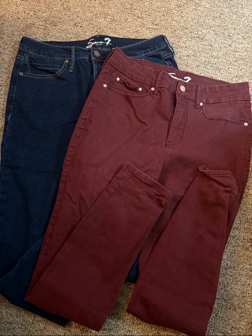 Seven7 Stretch Slim Jeans in Burgundy and Dark Indigo